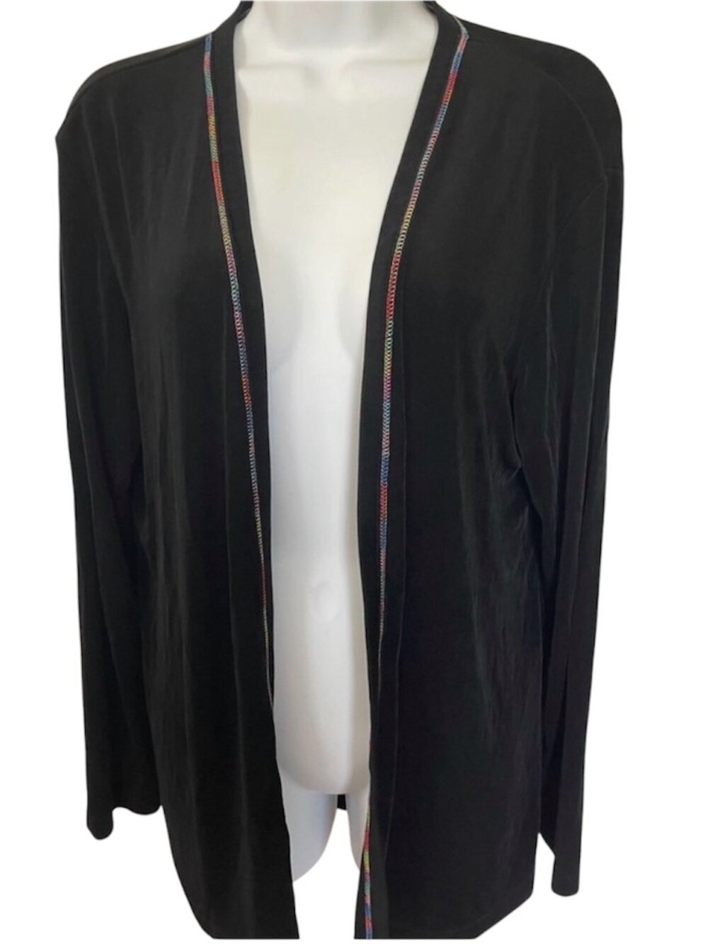 Chico's Travelers Black Open Front Cardigan Multicolor Trim Size 2